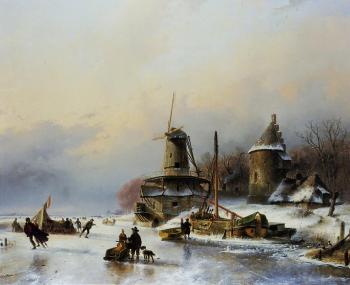 安德列亞斯 Schelfhout Ice merriment near a mill sun web 安德列亞斯 Schelfhout Ice merriment near a mill sun web
